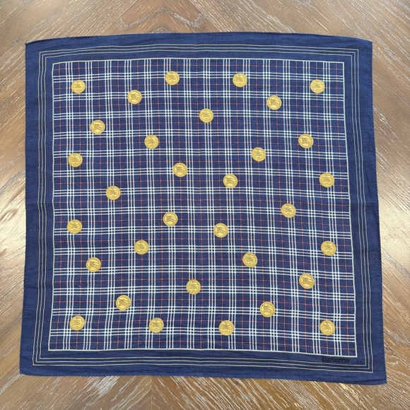Burberrys Navy and Gold Plaid Handkerchief Bandana Cotton Scarf 20” - Picture 4 of 4